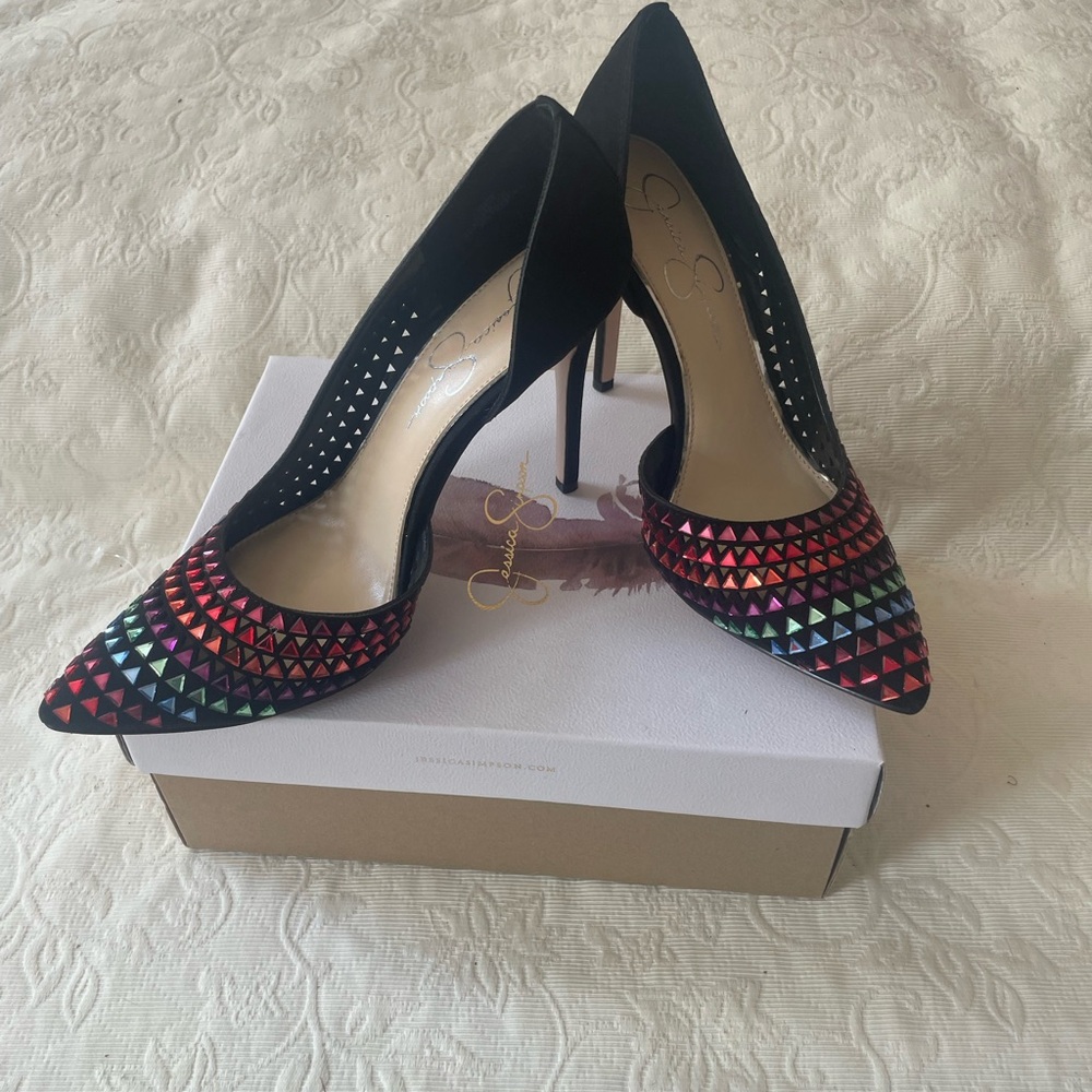 Jessica Simpson Black Heels with Vibrant Multicolor Accents